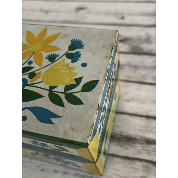 Vntge Retro Syndicate MFG Co Metal Tin Recipe Box Yellow & Blue Flowers-12 - Picture 8 of 10